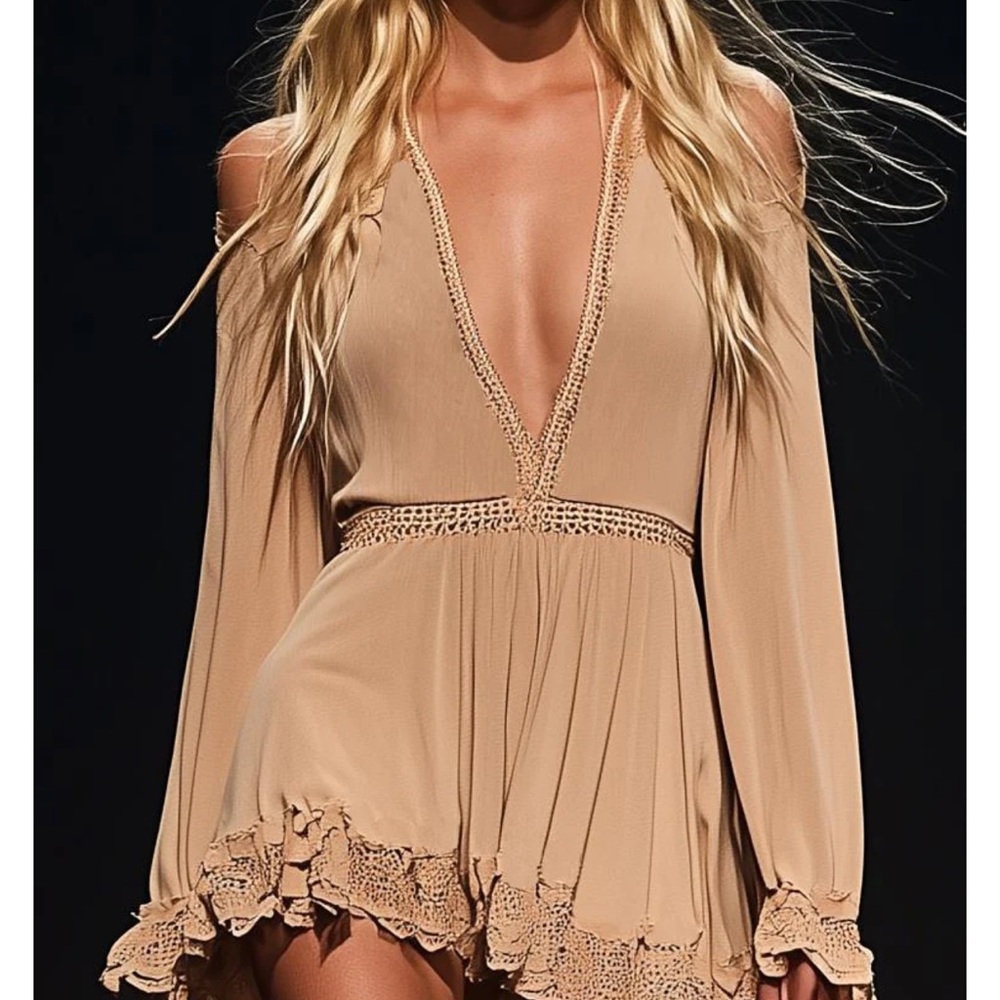 Ohrosy Tan Babydoll Dress with Ruffled Bishop Sleeves